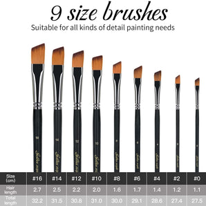 GoldenMaple 9Pcs Oblique Tip Nylon Long Handle Angled Paint Brushes Set with full-size (0-16) chart.
