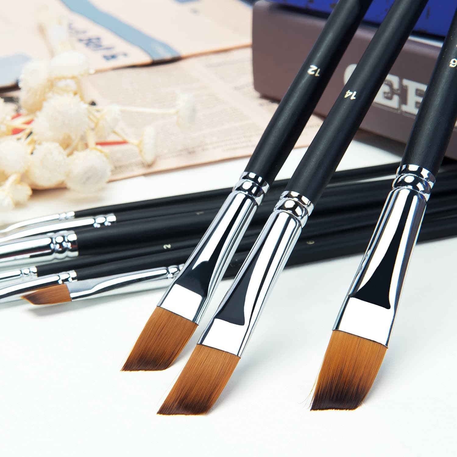 Golden Maple 9Pcs/Set Oblique Tip Nylon Hair Long Handle Angled Paint Brushes Set