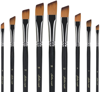 Golden Maple 9Pcs/Set Oblique Tip Nylon Hair Long Handle Angled Paint Brushes Set