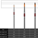 Nylon Watercolor Brush set: Sizes 4, 8, 12. Professional brushes with detailed hair length & width measurements for artists.