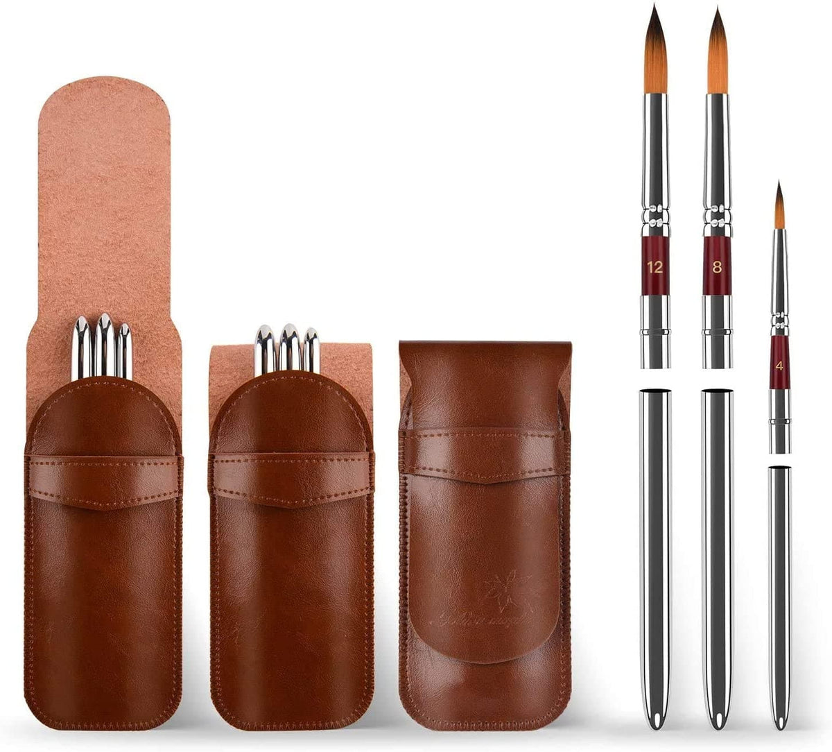3pcs Watercolor Travel Paint Brushes Round Pointed Tips Leatherette Carry Case