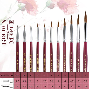 Golden Maple Master I Finest Sable Brushes, complete size range 000-8, dimension specification chart.